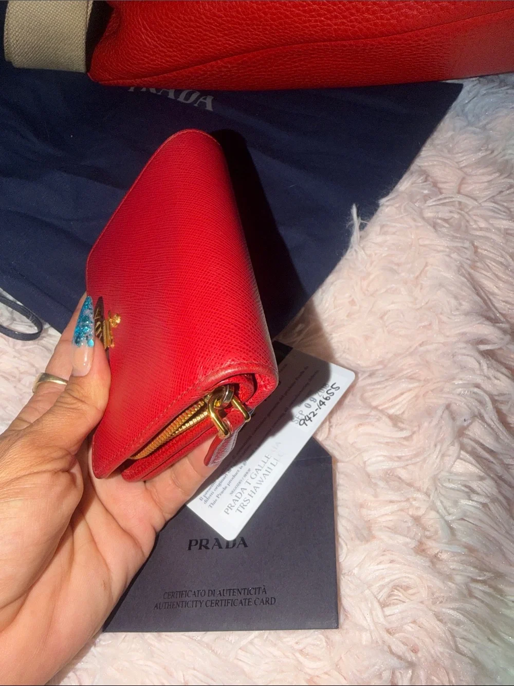 Authentic Prada Red Leather Shoulder Bag & Matching Wallet Set